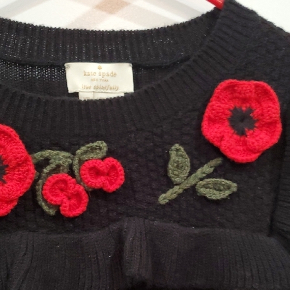 Kate Spade NY POPPY Black Sweater with Red Floral Embroidery - Picture 12 of 12